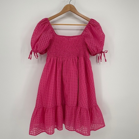 Entro Pink Gingham Puff Sleeve Smocked Ruffle Dress Coquette Girly Size Small - Picture 5 of 7